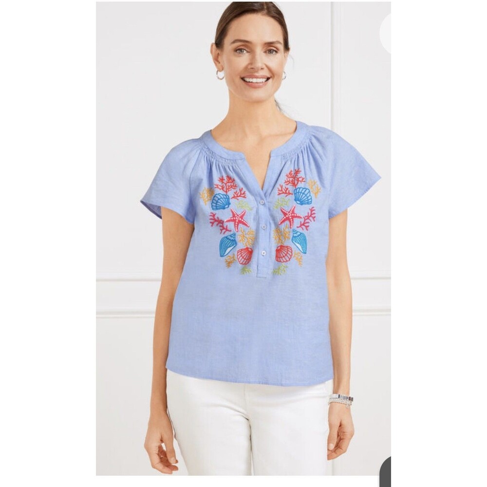 Talbots Linen Cotton Embroidered Seashell Blouse Size Petite Large Coastal Beach
